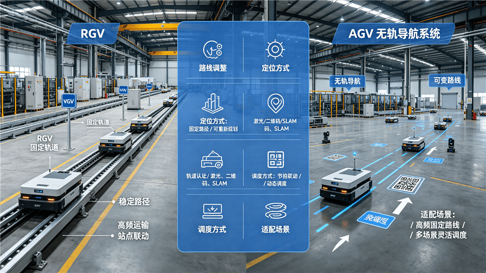 RGV与AGV在固定产线中的核心差异 RGV与AGV在固定产线中的核心差异